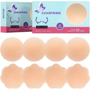 imageCHARMKING Pasties Nipple Covers 4 Pairs for Women Reusable Adhesive Silicone Nipple Covers No ShowBeige