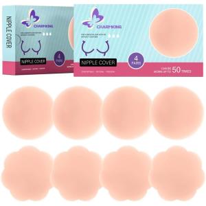 imageCHARMKING Pasties Nipple Covers 4 Pairs for Women Reusable Adhesive Silicone Nipple Covers No ShowPink